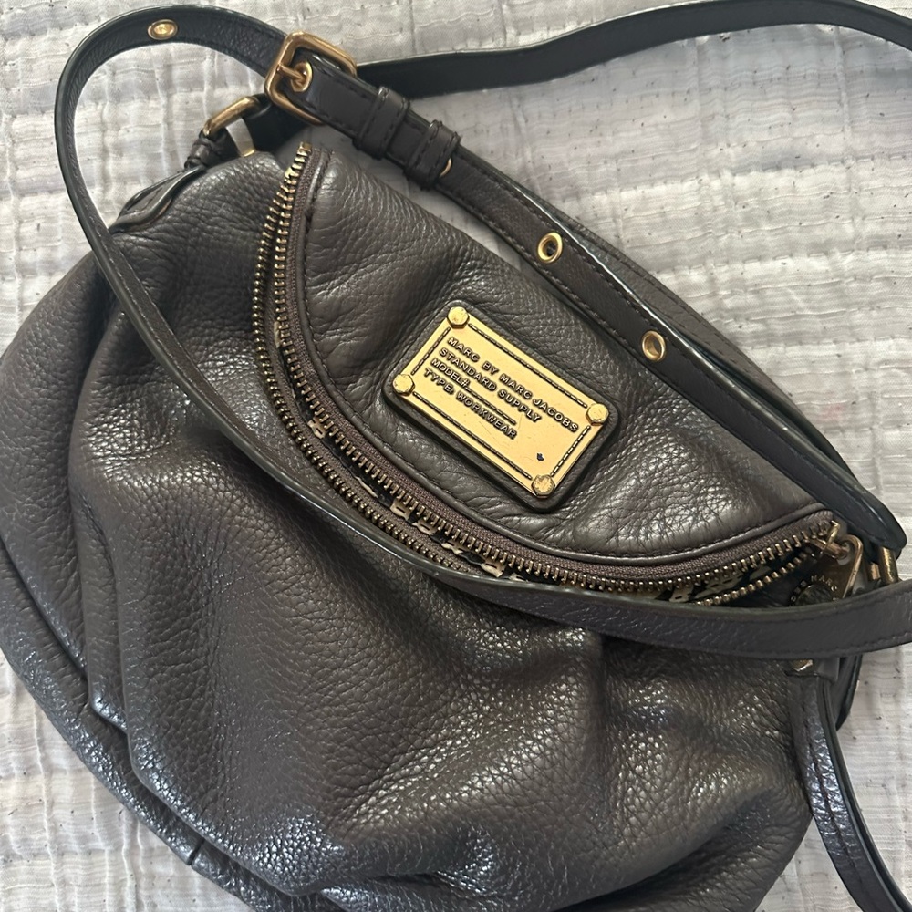 Marc by Marc Jacobs Pewter Gray Pebbled Leather Shoulder Bag with Gold Hardware